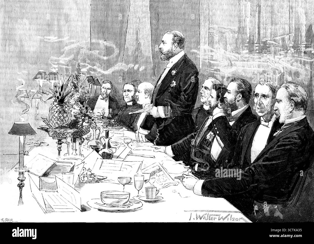 Dinner zu Hilfe eines National Lepra Fund unter dem Vorsitz des Prince of Wales, 1890. "Es wurden alarmierende und beunruhigende Berichte über die Verbreitung von Lepra in Indien und einigen unserer ostasiatischen Kolonien, in Westindien, in Russland, Norwegen, Spanien und Portugal sowie an den Ufern des Mittelmeers veröffentlicht... es wird nun vorgeschlagen, durch die Bereitstellung ausreichender Mittel, nachdem die medizinische Behandlung und Versorgung von Leprakranken im gesamten Britischen Reich sichergestellt wurde, dass eine Geldsumme aufgeteilt wird... für die Stiftung von Stipendien für zwei Studenten - einer für das Vereinigte Königreich und der Rest Stockfoto