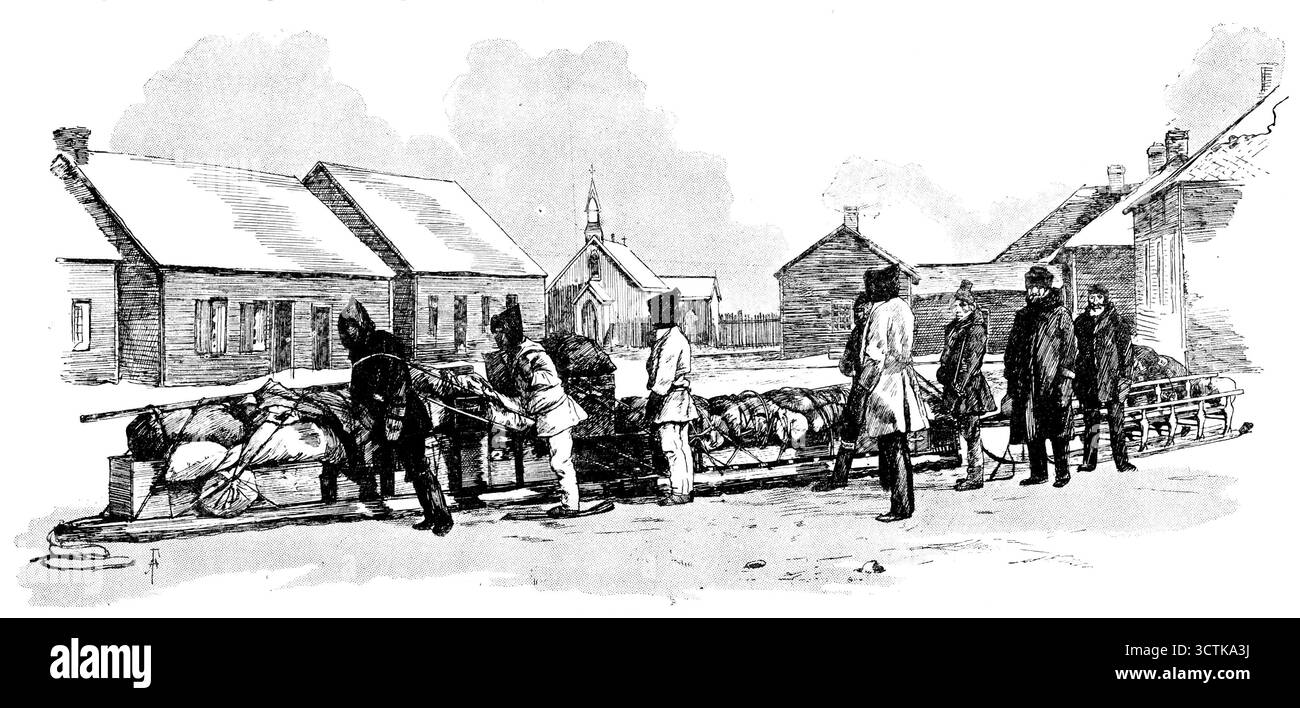 Lord Lonsdales Reisen in die arktischen Regionen Nordamerikas: York Factory, Westküste der Hudson's Bay, 1890. „Die unternehmerische und mutige Leistung des Earl of Lonsdale auf seiner Reise nach Norden, vom Saskatchewan River im Great Western Territory von Kanada bis zu den Ufern des Arktischen Ozeans, und von dort aus Alaska westwärts in den Nordpazifik überquerte... hat viel Aufmerksamkeit erregt... wenige Leute... haben diese Wüstenregionen kennengelernt... es war am 22. Februar 1888, als seine Lordschaft England nach Kanada verließ und entschlossen war, so weit über Land zu reisen, wie er konnte Stockfoto Lord Lonsdales Reisen in die arktischen Regionen Nordamerikas: York Factory, Westküste der Hudson's Bay, 1890. „Die unternehmerische und mutige Leistung des Earl of Lonsdale auf seiner Reise nach Norden, vom Saskatchewan River im Great Western Territory von Kanada bis zu den Ufern des Arktischen Ozeans, und von dort aus Alaska westwärts in den Nordpazifik überquerte... hat viel Aufmerksamkeit erregt... wenige Leute... haben diese Wüstenregionen kennengelernt... es war am 22. Februar 1888, als seine Lordschaft England nach Kanada verließ und entschlossen war, so weit über Land zu reisen, wie er konnte Stockfoto