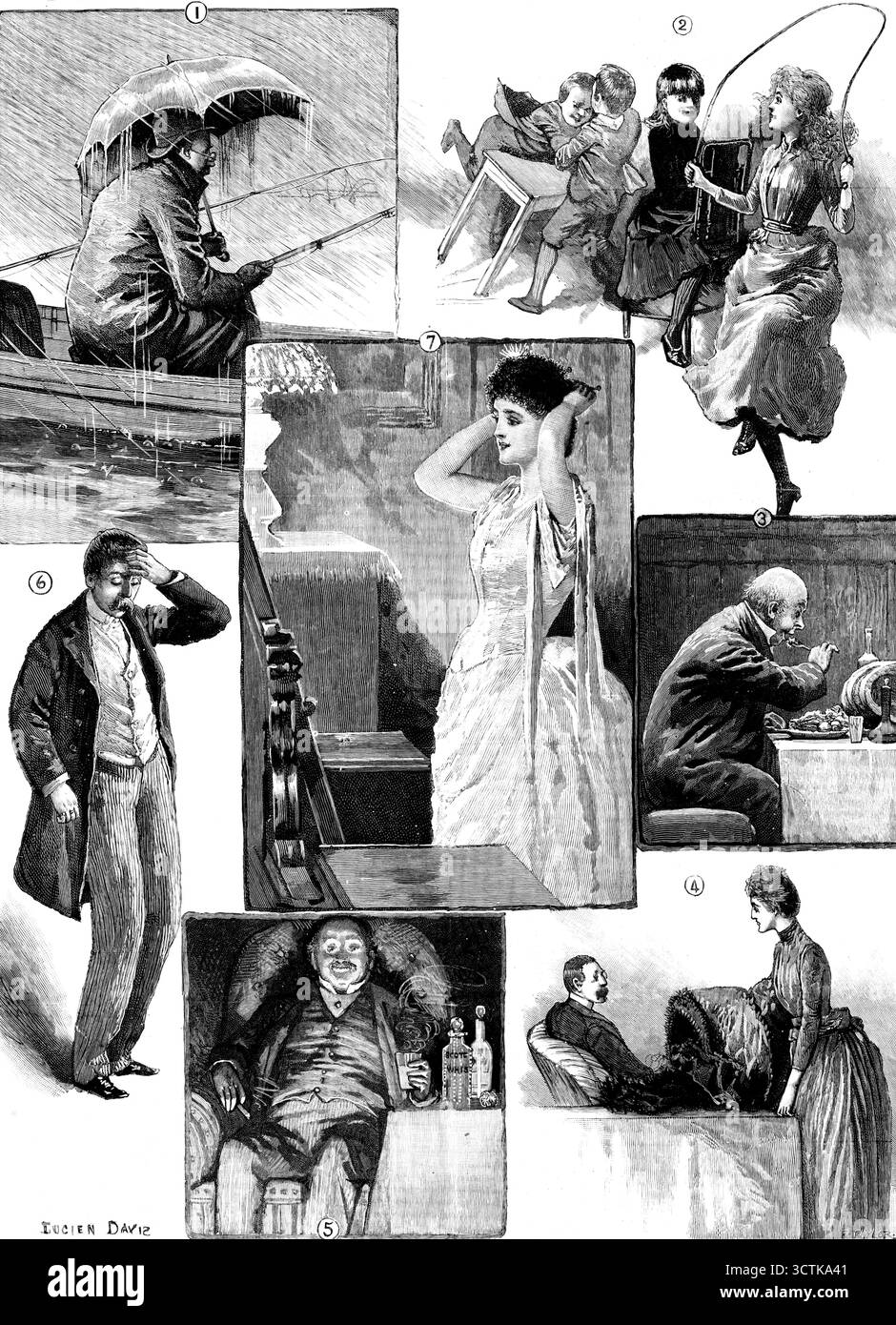 Die Grippe - und verschiedene andere Einflüsse, 1890. 1. Der Mann, der nicht ins Geschäft gehen kann. 2. Die Kinder, die nicht zur Schule gehen dürfen. 3. Einer entschloss sich, seine Stärke beizubehalten. 4. Man musste etwas wärmeres kaufen als die Mode des letzten Jahres. 5. Einer, der dies als unfehlbares Abhilfemaßnahme empfindet. 6. Einer, der sich schlecht fühlt, aber am Abend zuvor bei einem City Dinner war. 7. Eine, die sagt, Grippe oder keine Grippe, sie wird ihren Tanz nicht verpassen. Die erschreckende, plötzliche Geschwindigkeit, mit der sich diese seltsame Seuchenvisitation über Europa ausgebreitet hat... die offenbar aus Sibirien oder Nordchina stammt... hat die muc Stockfoto