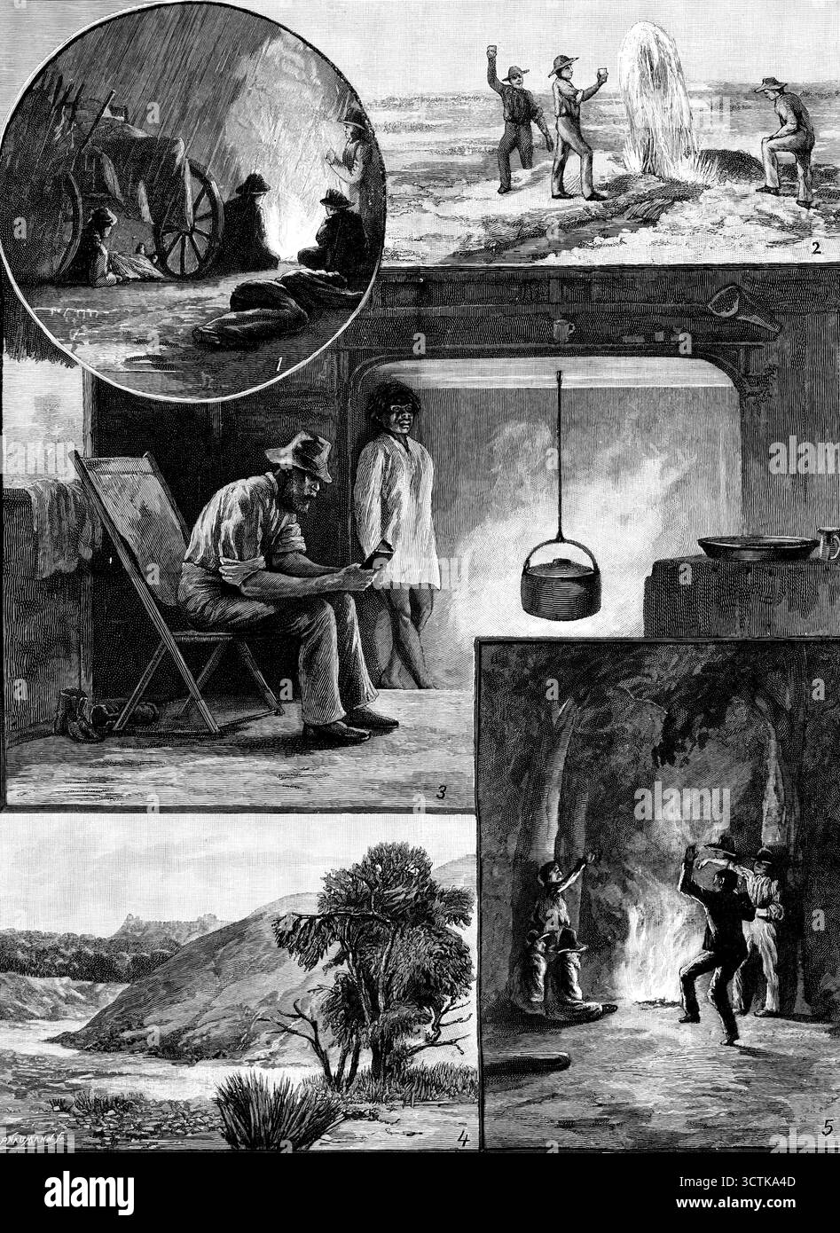 A Ride Across Australia - Skizzen von Mr. A. J. Vogan, 1890. "1. Unser Camp in einer regnerischen Nacht. 2. Die Gesundheit der Bohrung trinken: Erste erfolgreiche Klopfbewegung. 3. Das Innere einer Außenstation. 4. Schlammquelle an der Grenze der Wüste. 5. Unsere Jungs spielen in Bingeroo. Mr. Vogan schreibt: „Zusätzlich zu zahlreichen permanenten Wasserlöchern... gibt es die Schlammquellen. Eine davon entdeckte ich mich etwa 15 Meilen von der alten Hauptstation von Bindiakka entfernt... Mr.. G. Field, der geschäftsführende Gesellschafter, ist sehr erfolgreich in der Nähe einiger dieser Quellen nach artesischem Wasser gebohrt. Meine Skizze zeigt einen der Mo Stockfoto A Ride Across Australia - Skizzen von Mr. A. J. Vogan, 1890. "1. Unser Camp in einer regnerischen Nacht. 2. Die Gesundheit der Bohrung trinken: Erste erfolgreiche Klopfbewegung. 3. Das Innere einer Außenstation. 4. Schlammquelle an der Grenze der Wüste. 5. Unsere Jungs spielen in Bingeroo. Mr. Vogan schreibt: „Zusätzlich zu zahlreichen permanenten Wasserlöchern... gibt es die Schlammquellen. Eine davon entdeckte ich mich etwa 15 Meilen von der alten Hauptstation von Bindiakka entfernt... Mr.. G. Field, der geschäftsführende Gesellschafter, ist sehr erfolgreich in der Nähe einiger dieser Quellen nach artesischem Wasser gebohrt. Meine Skizze zeigt einen der Mo Stockfoto