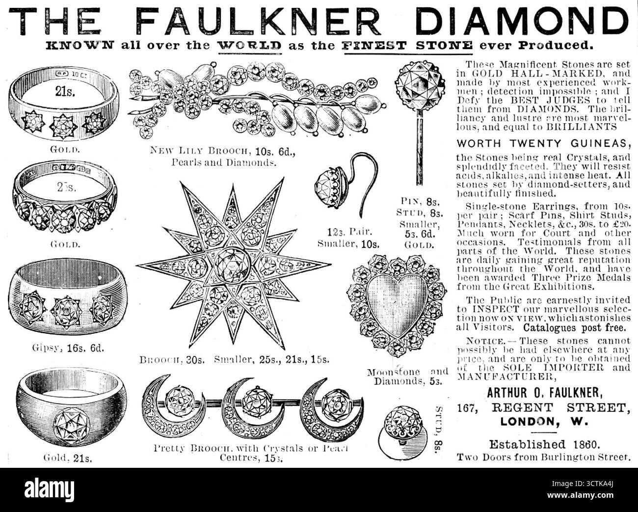 Werbung für den Faulkner Diamond, 1890. 'Gold [Ringe]; neue Lilienbrosche...Perlen und Diamanten; Pin, Stud... Mondstein und Diamanten...hübsche Brosche mit Kristallen oder Perlenzentren...bekannt auf der ganzen WELT als der BESTE STEIN, der jemals hergestellt wurde. Diese prächtigen Steine sind in GOLD MIT HALL MARKIERT und von den meisten erfahrenen Arbeitern hergestellt; eine Erkennung ist unmöglich... Ich widersetze mich den besten RICHTERN, um sie von DIAMANTEN zu erzählen. Die Brillanz und der Glanz sind wundervoll und entsprechen BRILLANTEN - 20 GUINEAS WERT, die Steine sind echte Kristalle und prächtig facettiert... widerstehen Säuren, Alkalien, intensivem h Stockfoto