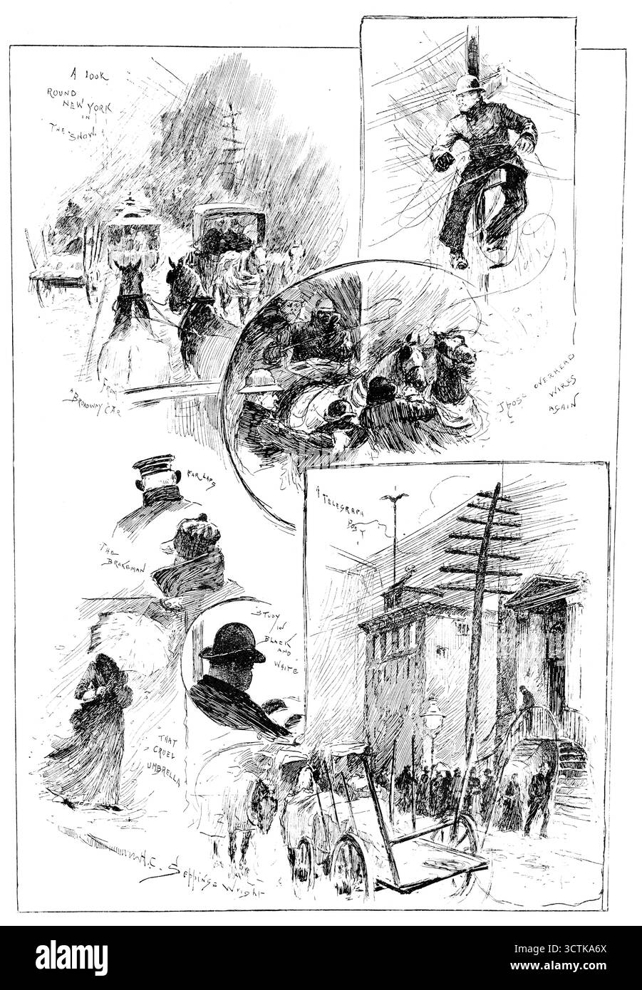 Unser Künstler in Amerika: Ein Blick in New York im Schnee, (1890). "...von einem Broadway-Auto; von diesen Drähten wieder; Ohr-Runden; dem Bremser; diesem grausamen Schirm; Studie in Schwarz-weiß; einem Telegrafenpost... uns wird immer wieder gesagt, wie gut sie... ihre Straßenorganisation an die Belastung und den Stress ihres Wetters angepasst haben. Sie haben nichts derartiges getan... die Stadt New York versucht nicht, mit dem Schnee umzugehen. Die Direktoren der Straßenbahnen halten ihren Kurs durch unaufhörliche Aufmerksamkeit frei... aber der Schnee bleibt dort, wo er fällt, und liegt mit dem begleitenden Frost Stockfoto