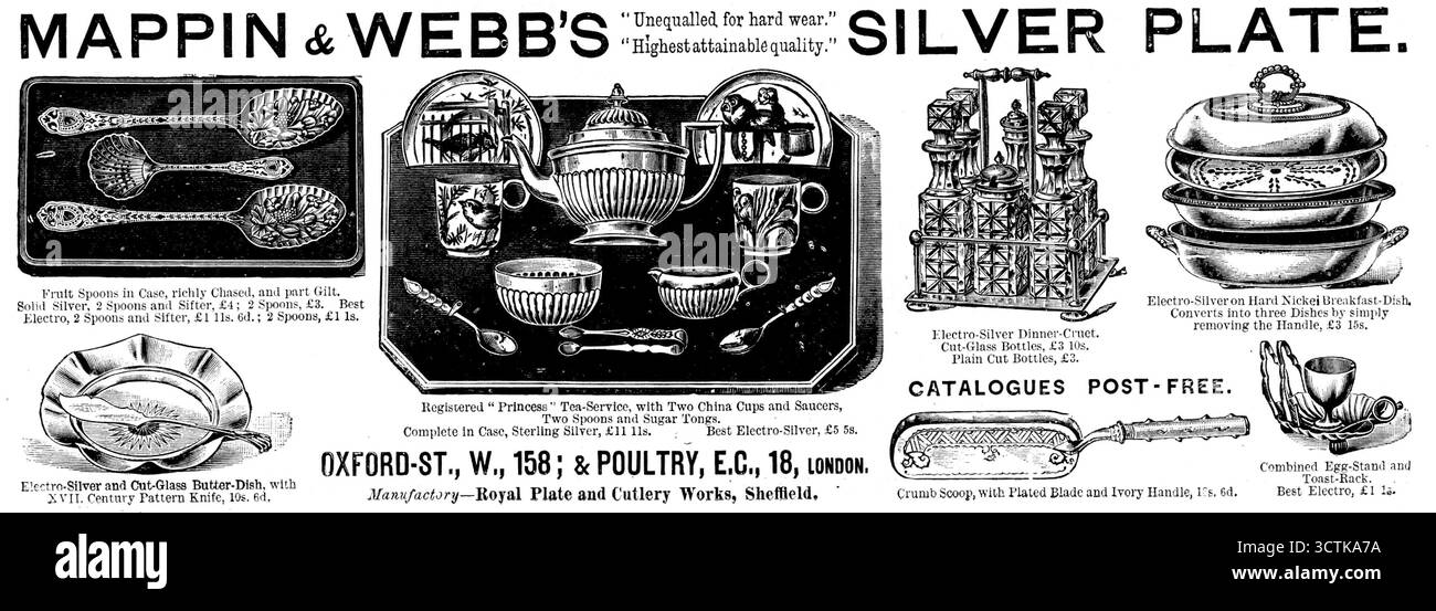 Werbung für Mappin &amp; Webb's Silver Plate, 1890. „„unübertroffen bei hartem Verschleiß. Höchste erreichbare Qualität“. Fruchtlöffel im Etui, reich gejagt und teilweise vergoldet. Massives Silber, 2 Löffel und Sifter, &#xa3;4; 2 Löffel, &#xa3;3. Bester Elektro, 2 Löffel und Sifter, &#xa3;1 11s. 6d.; 2 Löffel, &#xa3;1s.. Registrierter "Princess" Tee-Service mit zwei Porzellanbecher und Untertassen, zwei Löffeln und Zuckerzange. Im Etui Sterling Silver, &#xa3;11 11s. vervollständigen Bestes Elektro-Silber, &#xa3;5s.. Electro-Silver Dinner-Cruet. Cut-Glass-Flaschen, &#xa3;3 10s. Einfache geschnittene Flaschen, &#xa3;3. Elektro- Stockfoto
