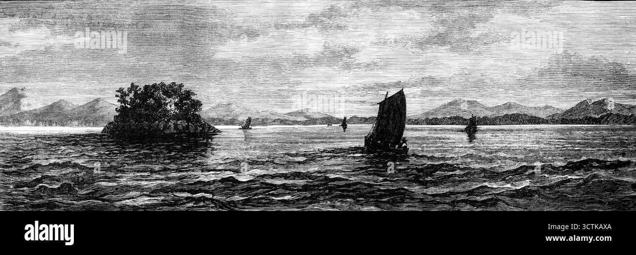 Die Straße von Sunda, wie sie nach dem Verlassen von Anjer gesehen wurde, 1883. Der schreckliche Vulkanausbruch in der Meerenge von Sunda, der die Insel Krakatoa und ihren hochtrabenden Kegel in Stücke zerbrach und Zehntausende Opfer forderte, hebt sich auffällig unter den tragischen Ereignissen von 1883 hervor. Obwohl einige Philosophen unsere jüngsten brillanten Sonnenuntergänge mit den atmosphärischen Auswirkungen der gewaltigen Krämpfe in Ostasien in Verbindung bringen, sind wir von solchen Induktionen für die weit verbreitete Zerstörung, die dadurch verursacht wird, ebenso wenig getröstet wie von der Gewissheit, dass die überatürliche Aktivität von s Stockfoto