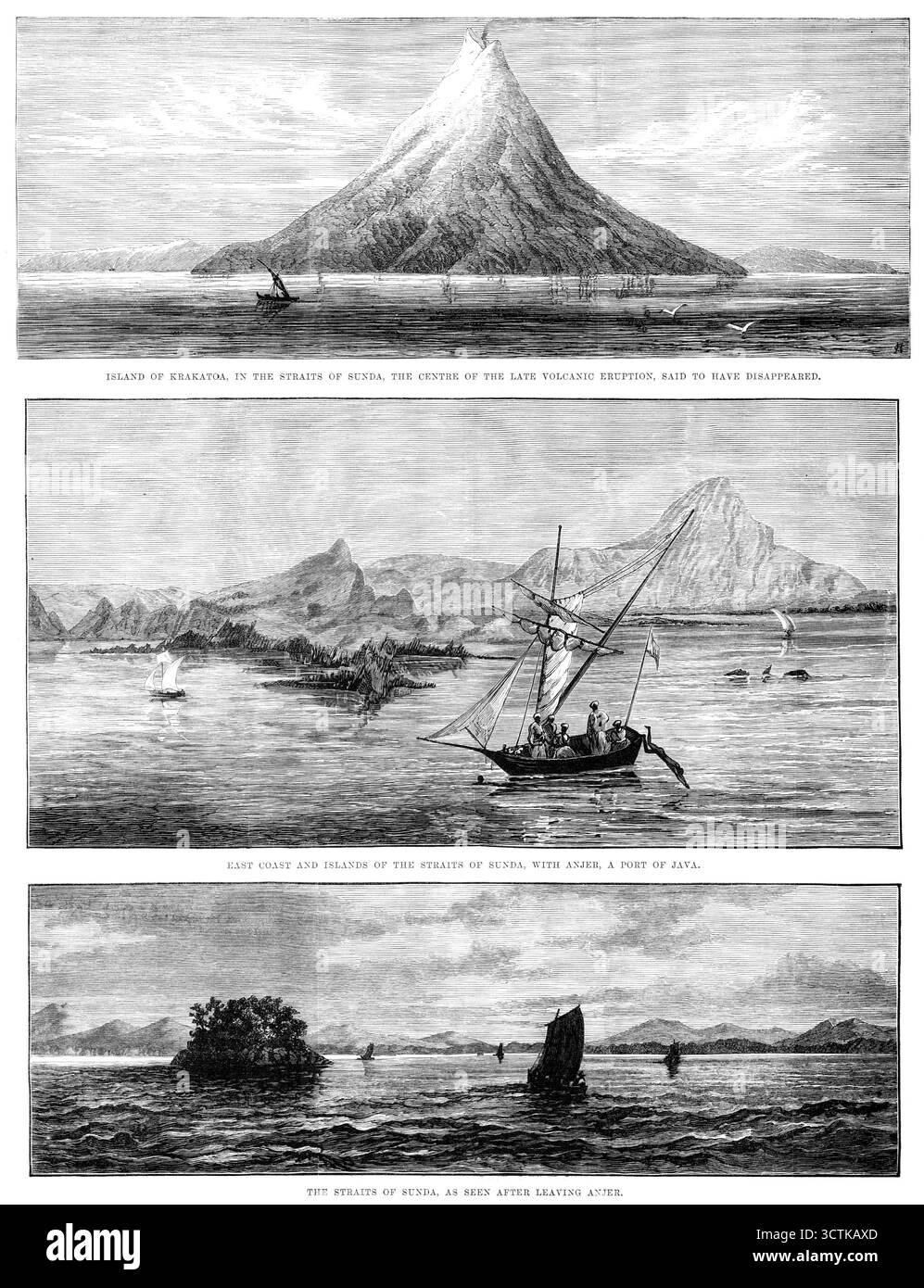 Der Vulkanausbruch in der Straße von Sunda, 1883. Die Insel Krakatoa, in der Meerenge von Sunda, dem Zentrum des späten Vulkanausbruchs, soll verschwunden sein. Ostküste und Inseln der Meerenge von Sunda, mit Anjer, einem Hafen von Java. Die Meerenge von Sunda, wie man sie nach dem Verlassen von Anjer sehen konnte, ist ein schrecklicher Vulkanausbruch, der die Insel Krakatoa und ihren hochtrabenden Kegel in Stücke zerbrach und ihre Opfer Zehntausende forderte, sticht auffällig unter den tragischen Ereignissen von 1883 hervor. Obwohl einige Philosophen unsere jüngsten brillanten Sonnenuntergänge mit den atmosphärischen Effekten in Verbindung bringen Stockfoto