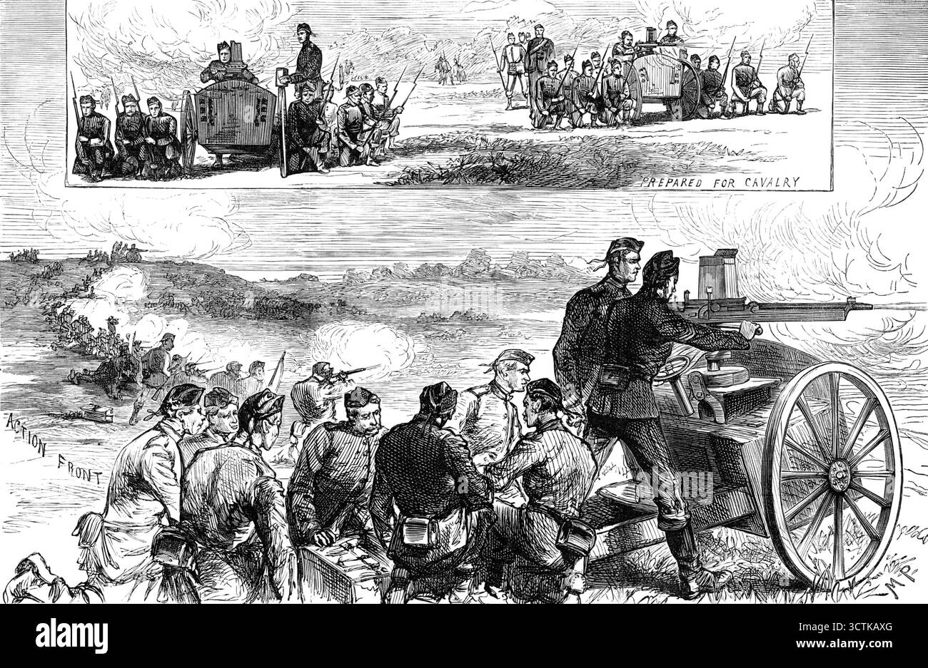 Die Nordenfeldt-Geschütze in Aldershott, 1883. Die Nordenfeldt-Maschinengewehrbatterie der 22. Middlesex Volunteers (Central London Rangers). "Vorbereitet für Kavallerie; Aktionsfront...Experimente wurden gemacht, um die extrem effektive Reichweite zu bestimmen...und alle praktischen Informationen, die man über den Einsatz von Maschinengewehren auf dem Feld sammeln konnte...Dies war das erste Mal, bei dem Maschinengewehre in diesem Land zusammen mit Truppen eingesetzt wurden, und das Experiment wurde mit großem Interesse von den Militärbehörden beobachtet...[erste Abbildung zeigt die Gewehre] Stockfoto