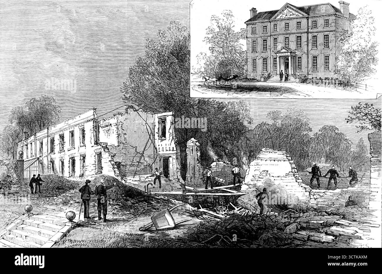 Schauplatz des verheerenden Feuers in der privaten Irrenanstalt in Southall, Middlesex, 1883. Nach der schrecklichen Katastrophe gingen sechs Leben unglücklich verloren, die von Dr. Robert Boyd, seinem Sohn William, zwei Patienten, Captain Williams und Mrs. Cullimore, Eliza O'Laughlin, der Koch und einer Dienerin Elizabeth Howe... nur ein paar verkohlte Knochen wurden zwischen den Ruinen gefunden... es waren etwa zwanzig Personen im Gebäude zur Zeit des Feuers, das nach Mitternacht ausbrach. Das Herrenhaus war ein auffälliges Objekt im Dorf Southall. Sie wurde von Sarah, Herzogin von Marlborough, erbaut. Stockfoto