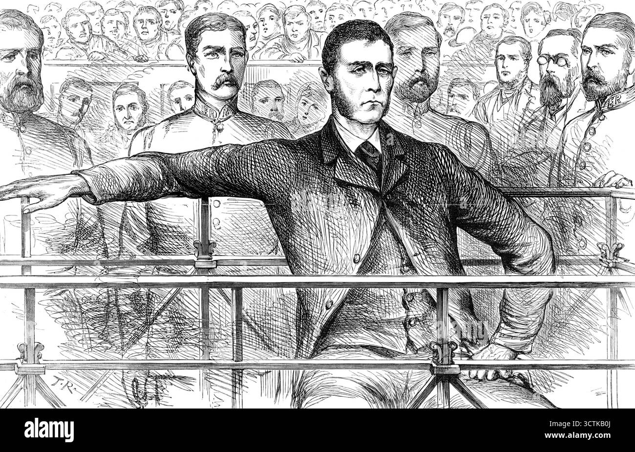 O'Donnell, der mutmaßliche Mörder von James Carey, am Bow-Street Police Court, 1883. Patrick O'Donnell war '...charged mit dem Mord an James Carey, an Bord eines britischen Schiffes auf See, am 29. Juli Flowers war der präsidierende Richter. Herr Polen schien im Namen des Schatzamtes Anklage zu führen; Herr Stephenson, Anwalt des Schatzamtes, und Herr C. E. Howard Vincent, Direktor der Strafverfolgung, saßen auf der Bank. Chief Superintendent Williamson von der Detective Police war ebenfalls anwesend. Mr. Polen gab eine Erklärung über die Umstände ab, unter denen dieses Verbrechen geschehen war Stockfoto