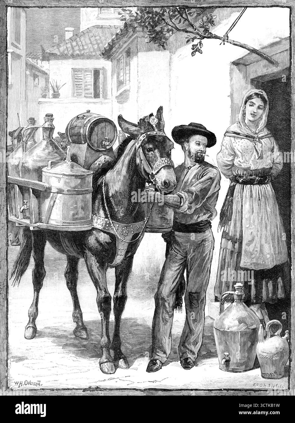 Ein Lieferant von Öl und Essig: Eine Skizze in der Nähe von Lissabon, 1883. "In den Städten Südeuropas, die noch nicht durch die Frenchifikation gewachsen sind, sind die primitiven Gewohnheiten der Unteren, selbst unter den Bürgern, so deutlich gekennzeichnet wie unter den rustikalen Bauernschaften. In Lissabon braucht man nicht in einen Lebensmittelladen zu gehen, um Öl und Essig im Haushalt zu kaufen; es wird auf einem beladenen Packpferd zu Ihnen kommen, geführt von einem klugen jungen Mann mit einem farbigen Hemd,... einem roten Gürtel um die Hüfte, einem geschwungenen Hut und einer Zigarette im Mund. Er wird eine süße Viertelstunde in einer galanten Flirtatio verbringen Stockfoto