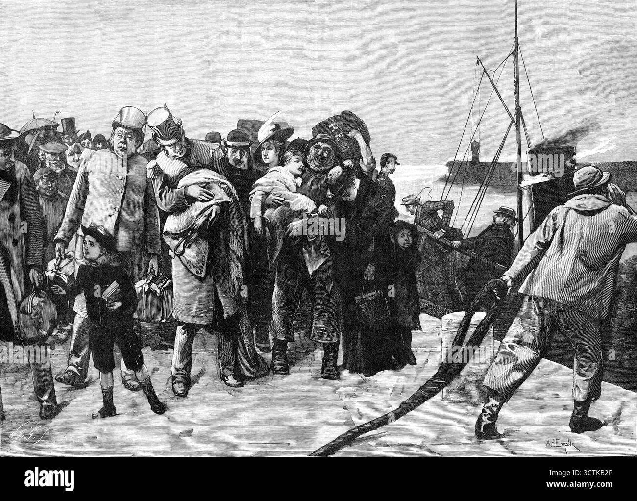 Nach einer rauen Passage, 1883. Transmarintouristen, die den Ärmelkanal in den ruhigen und sonnigen Tagen des August mit fröhlicher Selbstgefälligkeit überstanden haben, erleben manchmal eine kurze Qual körperlicher Unannehmlichkeiten und innerer Störungen bei ihrer Rückkehr an die englische Küste. Schlimmer sind die Leiden, die bei schlechtem Wetter der Äquinoktialzeit allzu oft auf die Heimreise in der irischen See warten, von denen, die in Killarney oder am Giant's Causeway geblieben sind oder die sich für ihre Heimbeförderung aus den westlichen Highlands unbedacht für das Dampfschiff anstelle der Eisenbahn entschieden haben Stockfoto