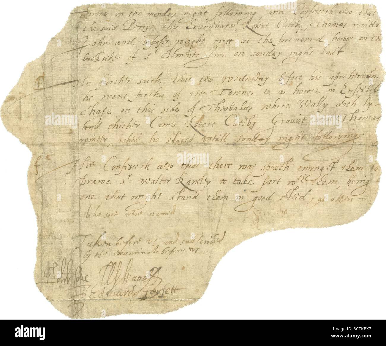 Unterschrift von Guy Fawkes auf einem Geständnis, 1605-06. "Stadt am Montagabend danach und gesteht auch, dass der besagte Persy, dieser Examination, Robert Catsby, Thomas Winter John und Christopher Wright sich am Sonntag Abend letzten Sonntag in dem benannten Haus auf der Rückseite des St. Clemens Inn getroffen haben. Er sagt weiter, dass er am Mittwoch vor seiner Verhaftung den Towne in ein Haus in Enfield Chase auf dieser Seite von Theobalds ging, wo Wally Lly tat und dort Robert Catsby, Graunt und Thomas Winter kamen, wo er bis Sonntag Nacht blieb. Er gesteht auch, dass es Sprache amon gab Stockfoto