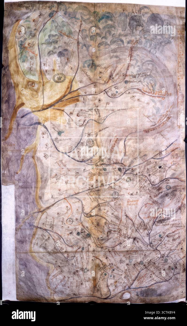 Manuskriptkarte von Lancashire, gezeichnet um 1576-1590. Kommentiert von William Cecil, 1. Baron Burghley. Cecil (1520–1598) war Lord High Treasurer, der die Herrschaft von Königin Elisabeth I. übernahm Stockfoto