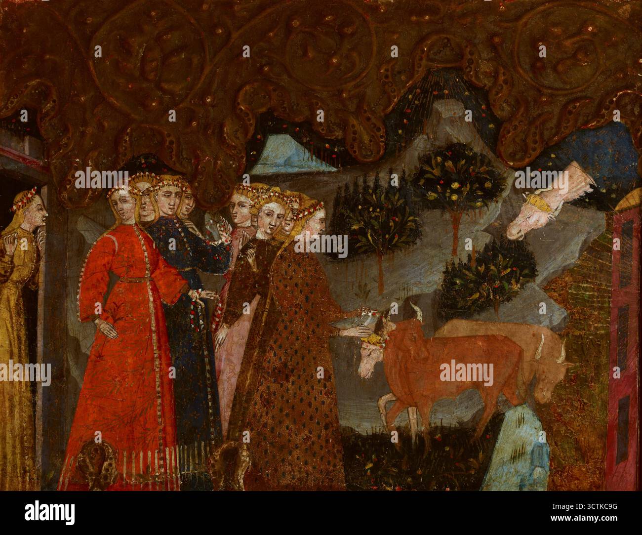 Mythologische Szene (Entführung Europas?)-Fragment eines Kassons, Ende des 14. Jahrhunderts. Zusätzliche Info: Die phönizische Prinzessin Europa legt einen Kranz aus Blumen auf den Kopf eines Stiers, ohne zu wissen, dass Zeus, der sich in sie verliebt hat, in dieser Form versteckt ist. Sie weiß auch nicht, dass sie entführt wird, sobald sie auf dem Rücken sitzt. Die Frau in blauem Kleid ist wahrscheinlich Zeus' Frau Hera, die die treulosen Aktivitäten ihres Mannes verfolgt. Das Thema wurde von Ovid’s Metamorphosen (2 843-875) übernommen. Stockfoto