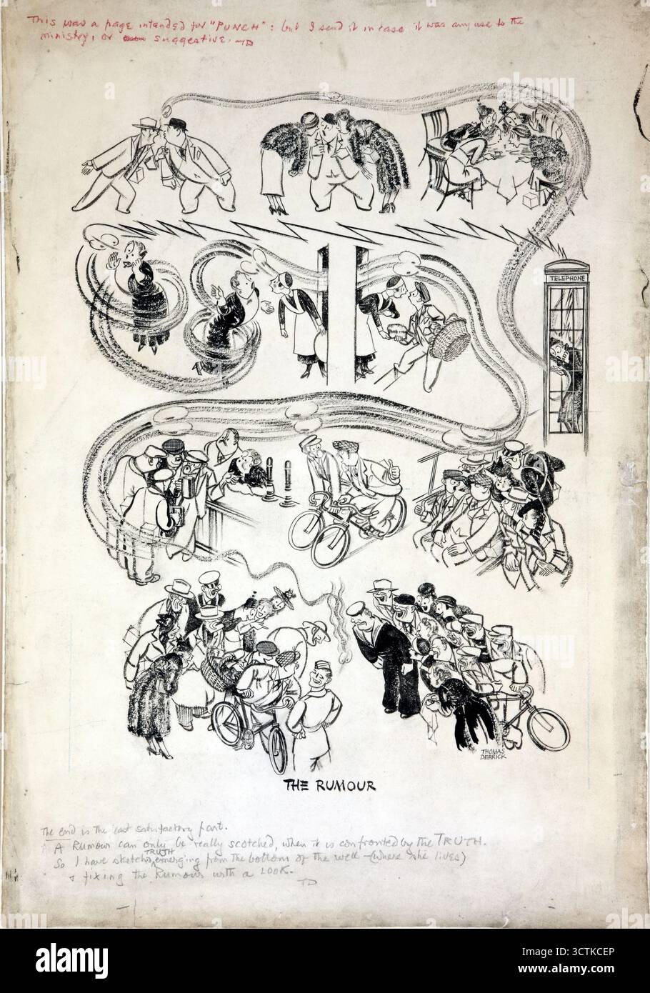 "Das Gerücht", (Gruppen von Figuren sprechen), Anti-Gerücht- und Unachtsamkeit-Rede-Plakat aus dem Zweiten Weltkrieg, zwischen 1939 und 1946. Stockfoto