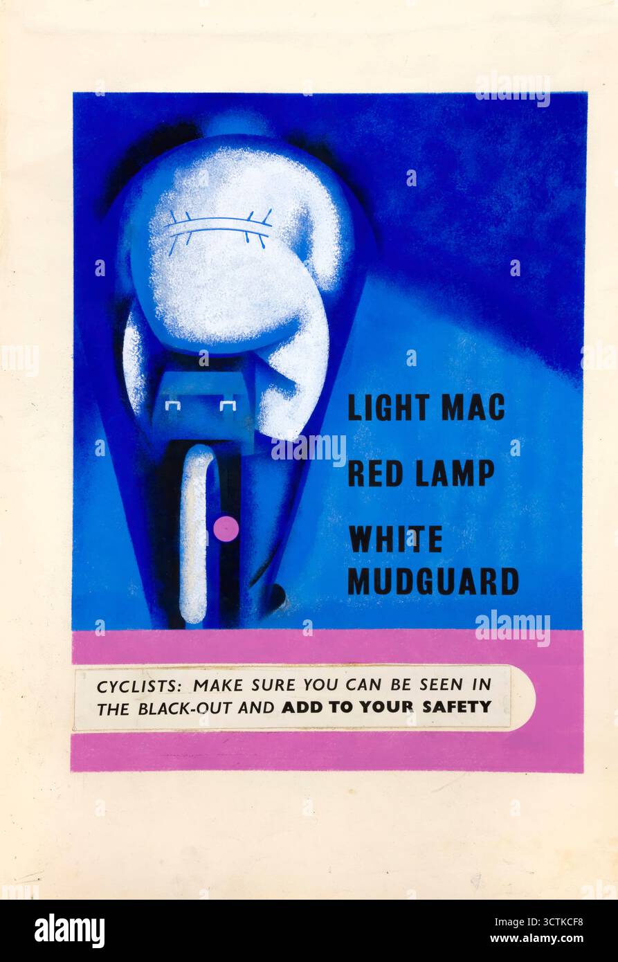 „Radfahrer – stellen Sie sicher, dass Sie in der Blackout gesehen werden können“, Poster zur Straßenverkehrssicherheit aus dem Zweiten Weltkrieg, zwischen 1939 und 1946. Stockfoto