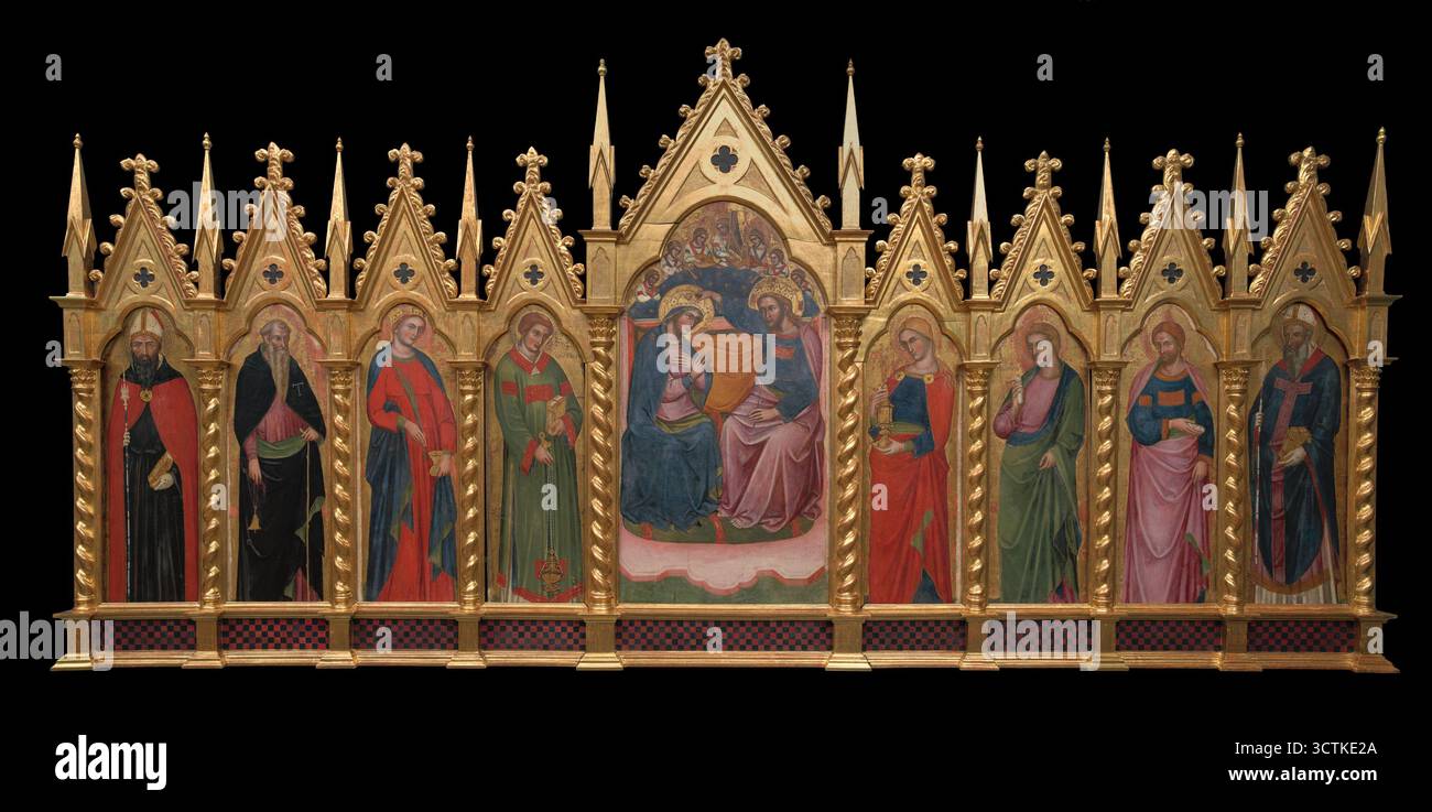 Polyptychon-Krönung von Maria und Heiligen: Antonius, Augustinus, Blaise, Philipp, Jakobus der Grosse, Lucy, Mary Magdalene, Lawrence, zwischen 1350 und 1380. Neun erhaltene Gemälde des venezianischen Polyptychons wurden in einen neogotischen Rahmen aus dem 19. Jahrhundert gesetzt, da die ursprüngliche architektonische Umgebung leider nicht erhalten ist, wahrscheinlich voller vergoldeter Skulpturenelemente im Stil der extravaganten venezianischen Gotik. Im zentralen Teil des Polyptychons befand sich ein Gemälde mit der Szene der Krönung der Jungfrau Maria. Dieses Thema wurde besonders oft von den Künstlern des venezianischen t aufgegriffen Stockfoto