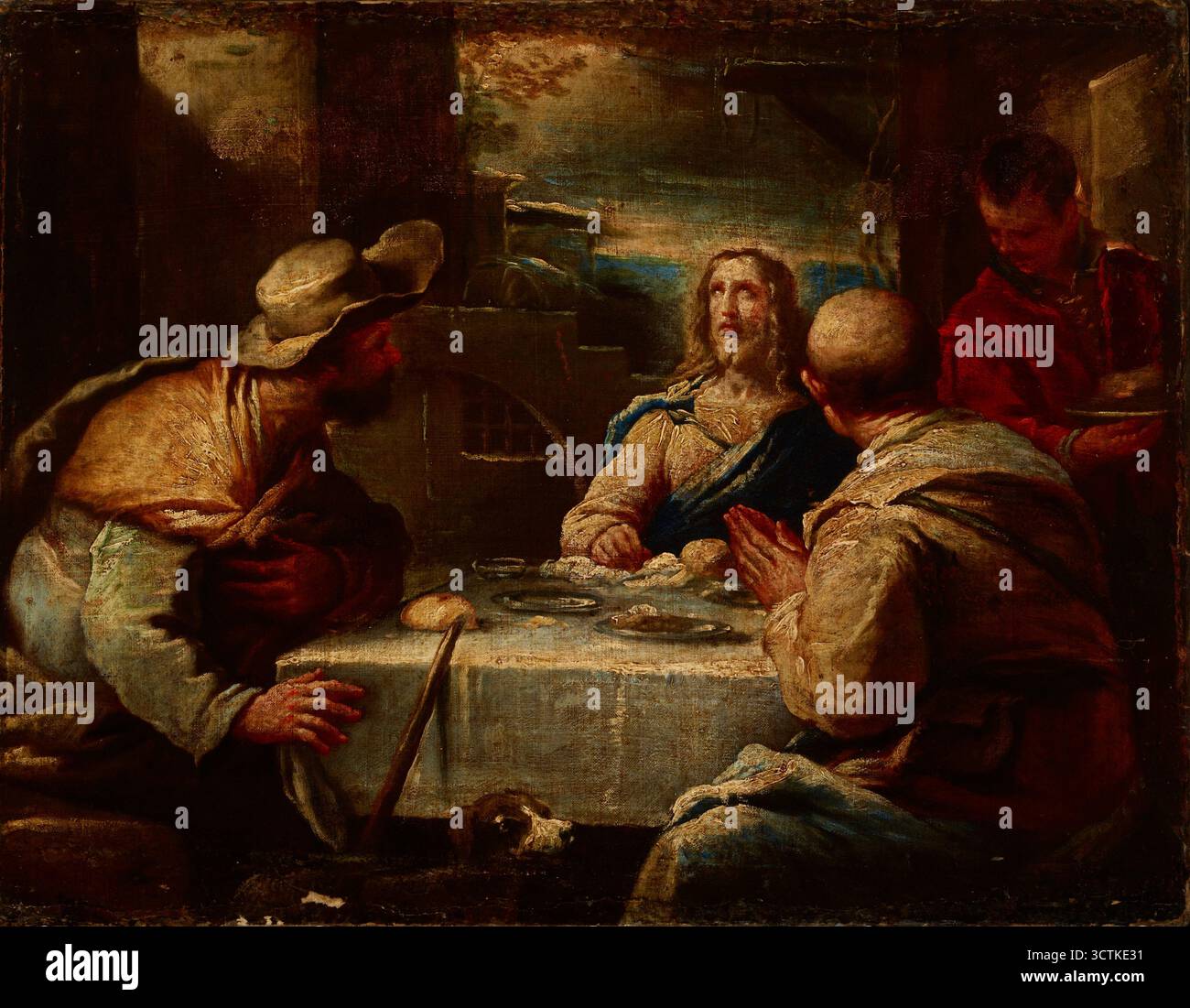 Christus in Emmaus, zwischen 1645 und 1665. Das Gemälde zeigt ein Ereignis, das im Lukasevangelium beschrieben wird. Als Christus seine Jünger nach seiner Auferstehung auf dem Weg nach Emaus (eine kleine Stadt in der Nähe von Jerusalem) kennenlernte, erkannten sie ihn erst, als er das Brot beim Abendessen segnte. Stockfoto