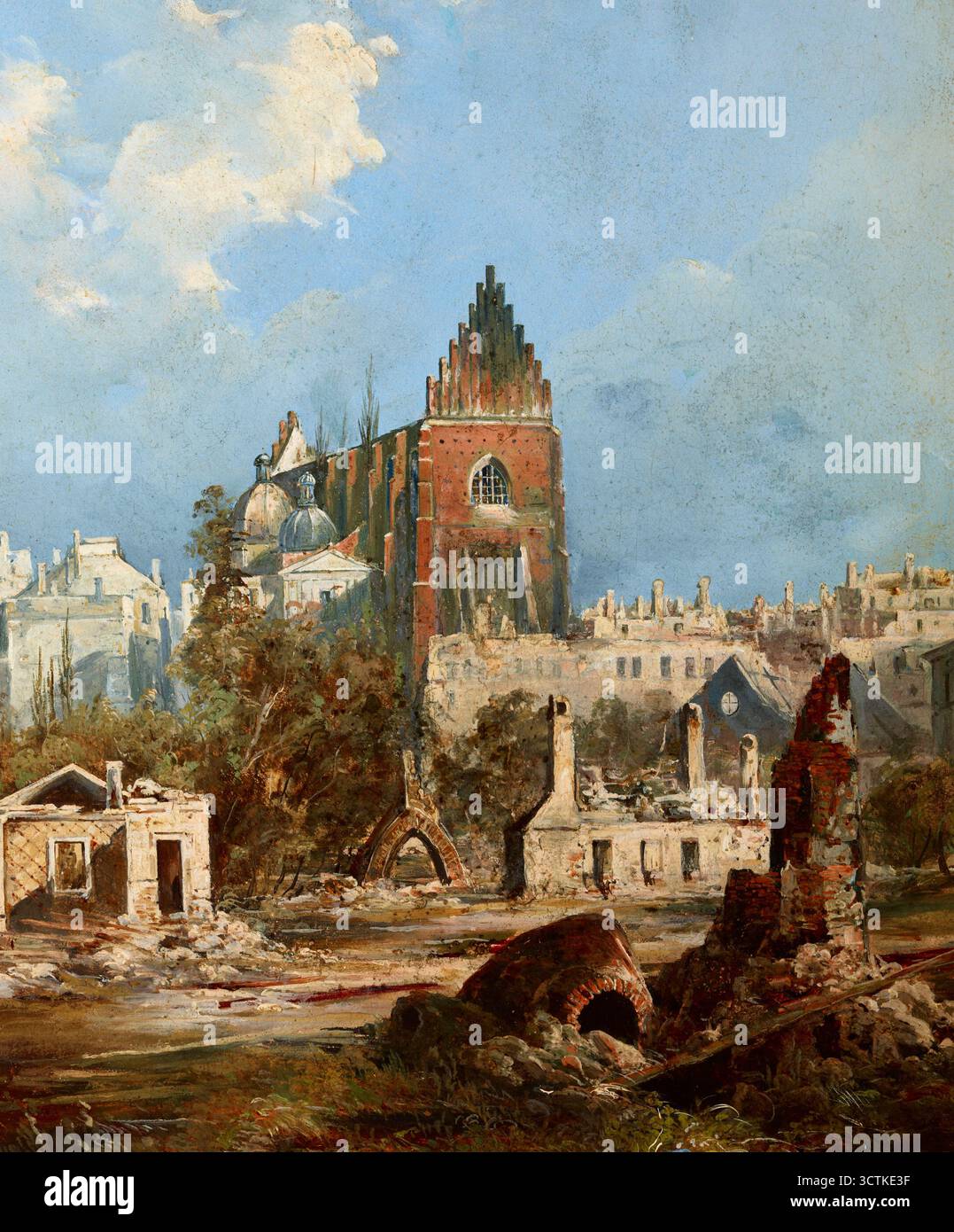 Dominikanerkirche nach dem Brand von 1850. Im Juli 1850 brach in Krakau ein Brand aus, der mehrere Tage dauerte und einen großen Teil der Stadt verwüstete. Sie begann in der Dolnych MlynóW Street und erreichte durch die Krupnicza Street den Hauptmarkt, die Grodzka und Franciszkanska Street, den Dominikanski Square und dann die St. Gertrude Street. Die Kirche der Dominikaner wurde niedergebrannt. Gorczynski malte einen Blick auf die verbrannte Gegend von der Seite der Petersstraße. Zeigt die Überreste verbrannter Häuser auf dieser Straße. Stockfoto