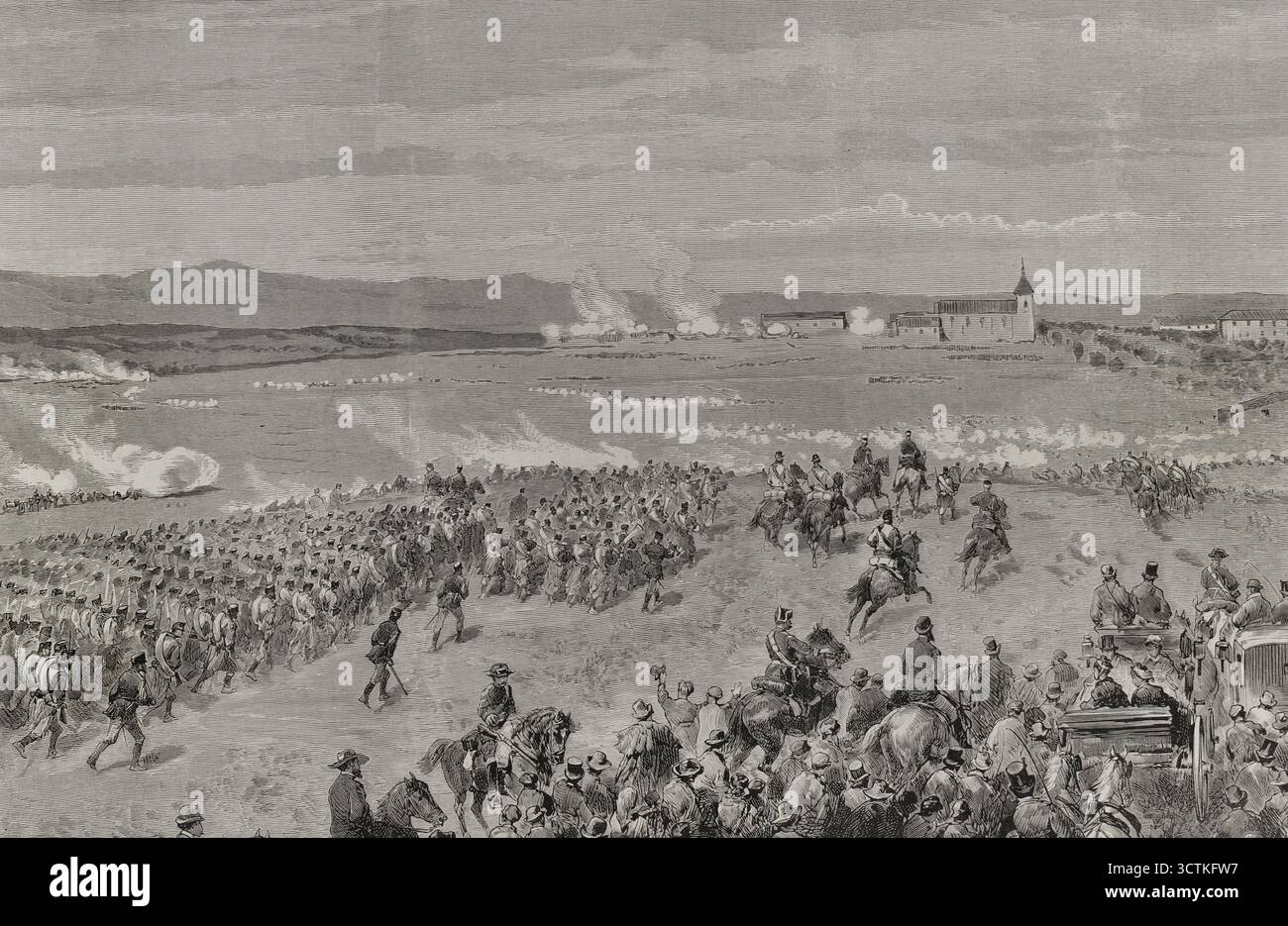 Militärübung in Dehesa de los Carabancheles, Madrid, Spanien, 3. November 1878. Letzter Angriff und Besetzung der befestigten Stellungen unter dem Kommando von König Alfonso XII. Aus La Ilustración Española y Americana (die spanische und amerikanische Illustration), 1878. Stockfoto