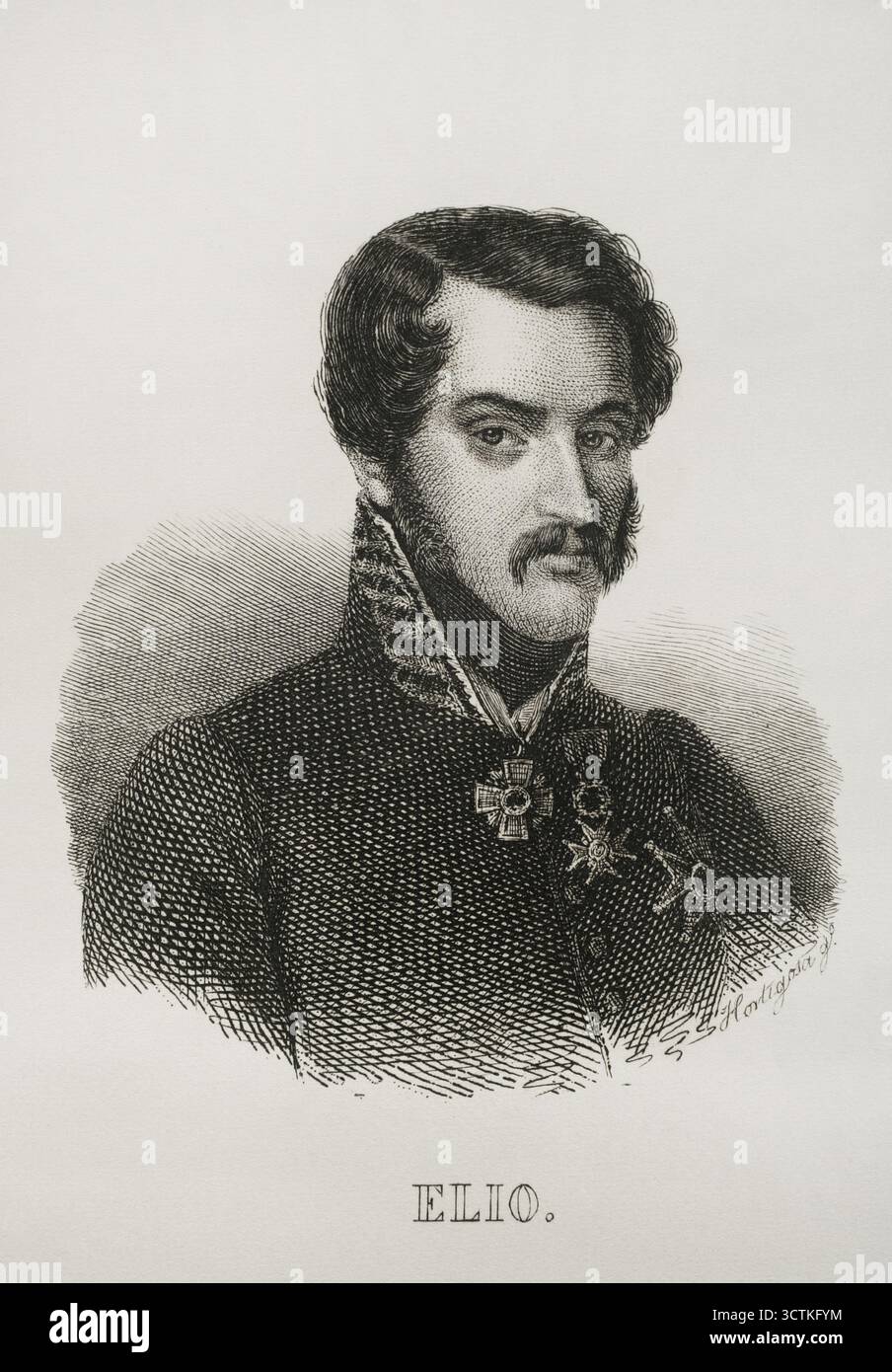 Porträt von Joaquín Elío y Ezpeleta (1806–1876), spanischer General, der auf der karlistischen Seite in den drei Kriegen 1845 kämpfte. Zum Herzog von Elio ernannt durch den Thronanwärter Don Carlos. Von „Panorama Español, CRóNica Contemporánea“, Band III, Madrid, 1845. Stockfoto