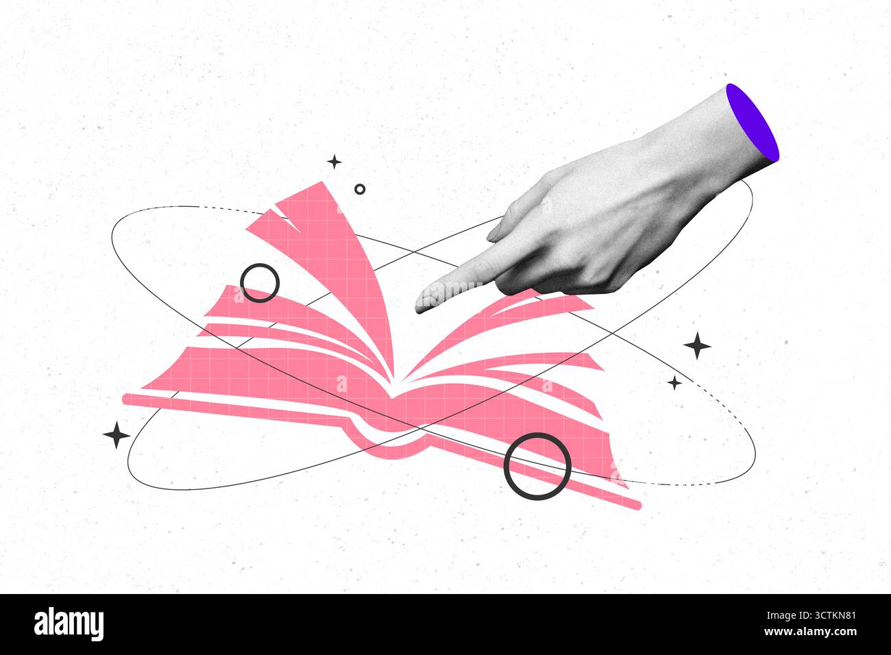 Composite Creative Collage Foto von menschlichen Händen Point Book Genre Bildung Studentenwissen Enzyklopädie Roman Buchwurm Hobby Stockfoto