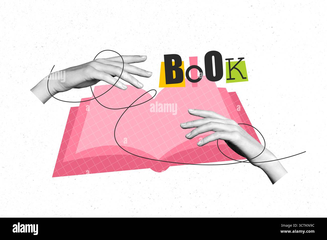 Zine vollständige trendige Collage Foto von menschlichen Händen Point Buch Genre Bildung Studentenwissen Enzyklopädie Roman Buchwurm Hobby Stockfoto