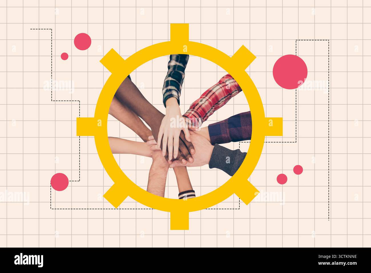 3D zine vollständige Foto-Collage menschlicher Geschäftspartner mit fünf Gesten-Zahnrad-Fortschrittsstatistiken Team-Building-Kooperation Stockfoto