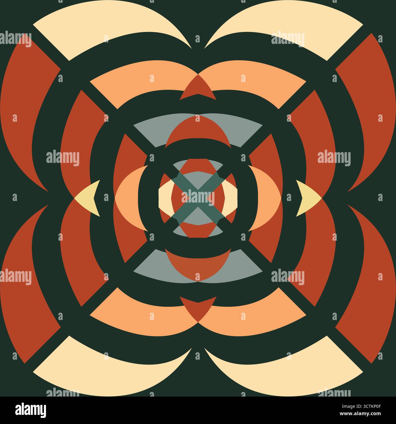 Dieses nahtlose Vektormuster zeigt abstrakte, mehrschichtige Blütenblätter, die ein zentrales Kreuzmotiv in warmen Rot-, Orangen-, Beige-, Grau- und Gelbtönen bilden Stock Vektor