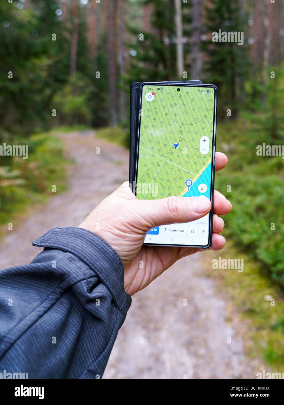 Nahaufnahme einer Hand mit einem Smartphone mit GPS-Karten-App während eines Spaziergangs auf einem Waldweg, symbolisiert Navigation, Wandern und Outdoor-Abenteuer Stockfoto