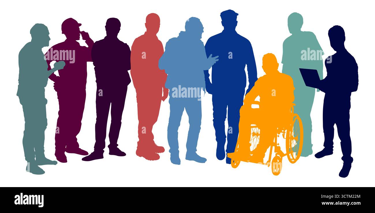 Farbenfrohe Collage monochromer Silhouetten erwachsener Männer bei Arbeit und Freizeit in selbstbewussten Posen Stockfoto