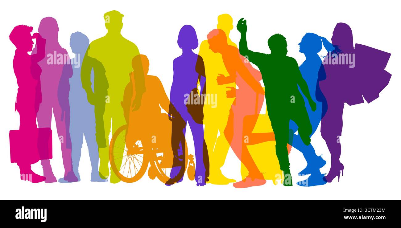 Farbenfrohe Silhouetten aktiver Menschen verschiedener Generationen in selbstbewussten Posen Stockfoto