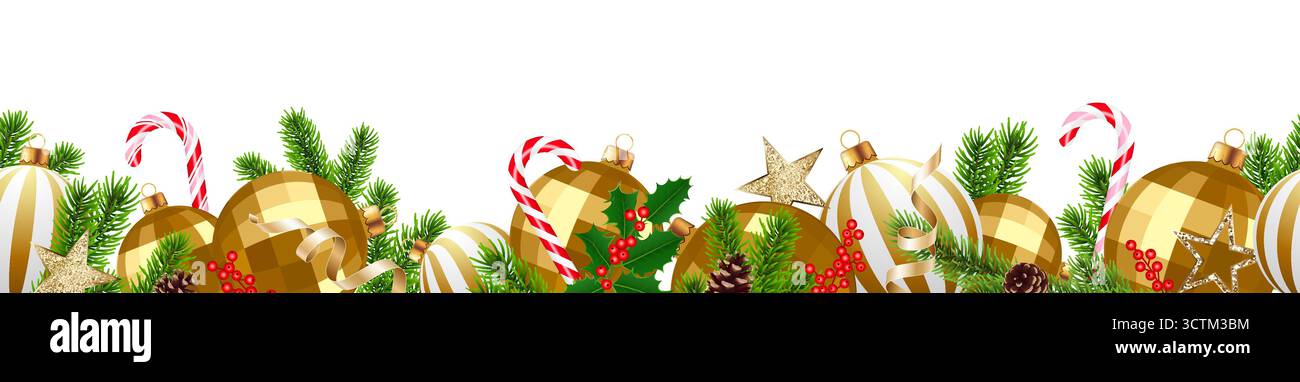 Weihnachtsbanner mit nahtlosen Golddekorationen isoliert, Feiertagsgrenze, goldene Weihnachtskugeln, Zuckerstangen, Tannenzweige, stechpalme und Tannenzapfen, CH Stock Vektor