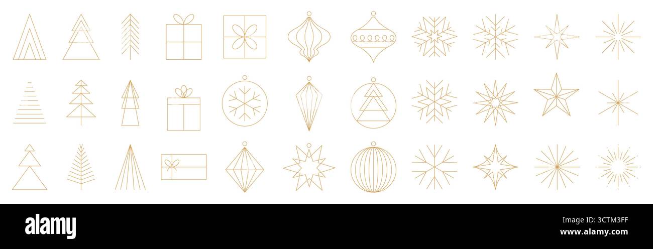 Goldene Weihnachtssymbole, geometrische dünne Linien-Symbole auf isoliertem Hintergrund, minimalistische Weihnachtsschilder mit editierbarem Strich, Holida Stock Vektor