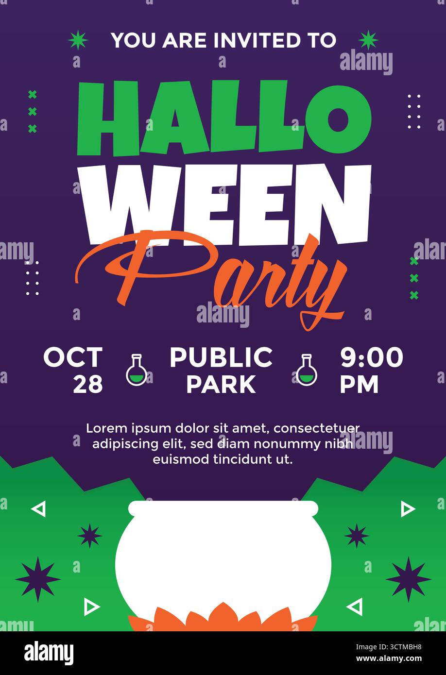 Festliches Poster mit Poster mit Trinkflaschen, Sternen und einem Kessel mit Flammen für eine verspielte und gruselige Atmosphäre. Stock Vektor