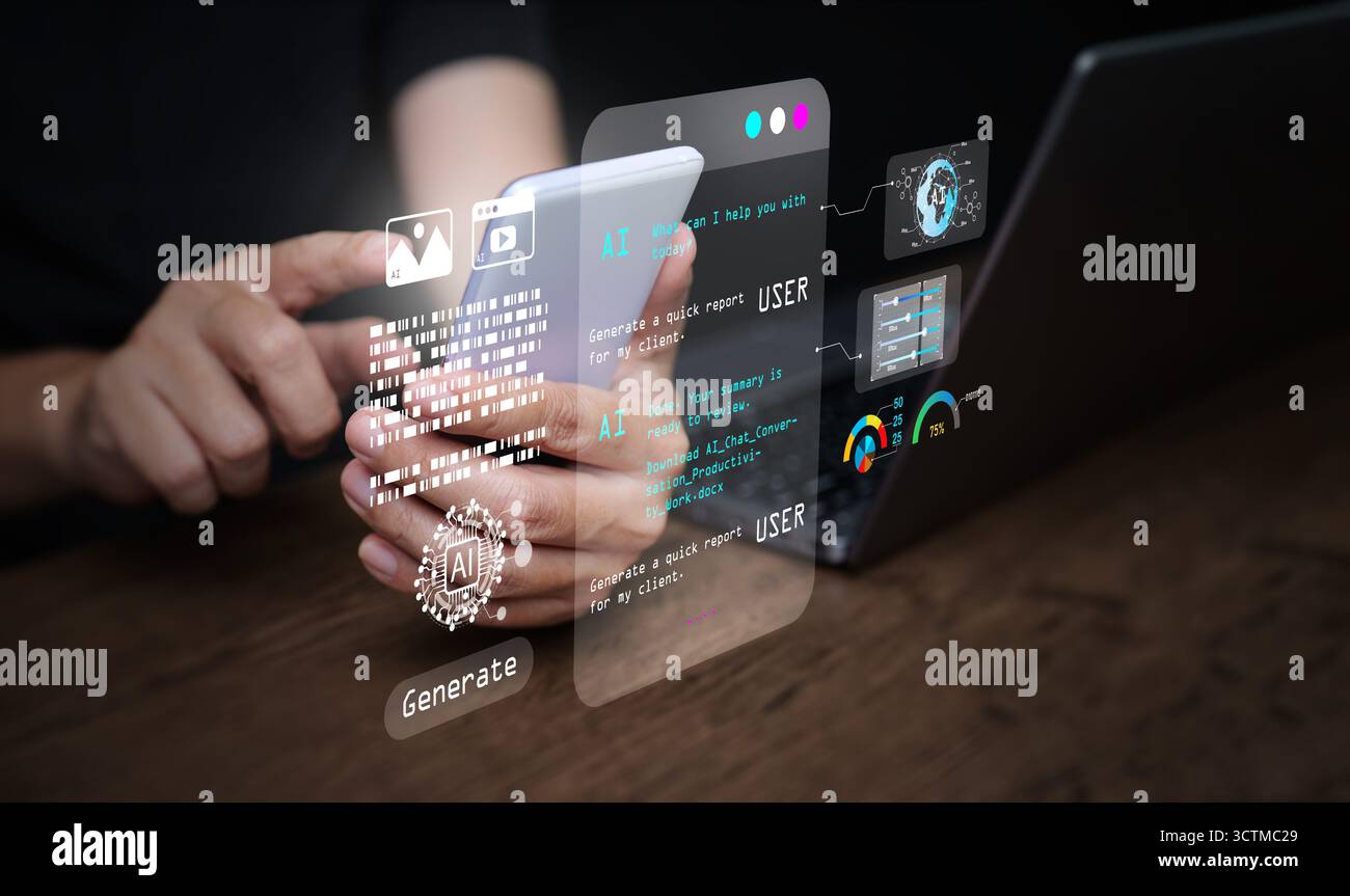 Futuristische KI-Agent-Schnittstelle zur Synchronisierung zwischen Telefon und Laptop mit digitalem Automatisierungs-Dashboard, das virtuelle Assistentechnologie für Smart darstellt Stockfoto