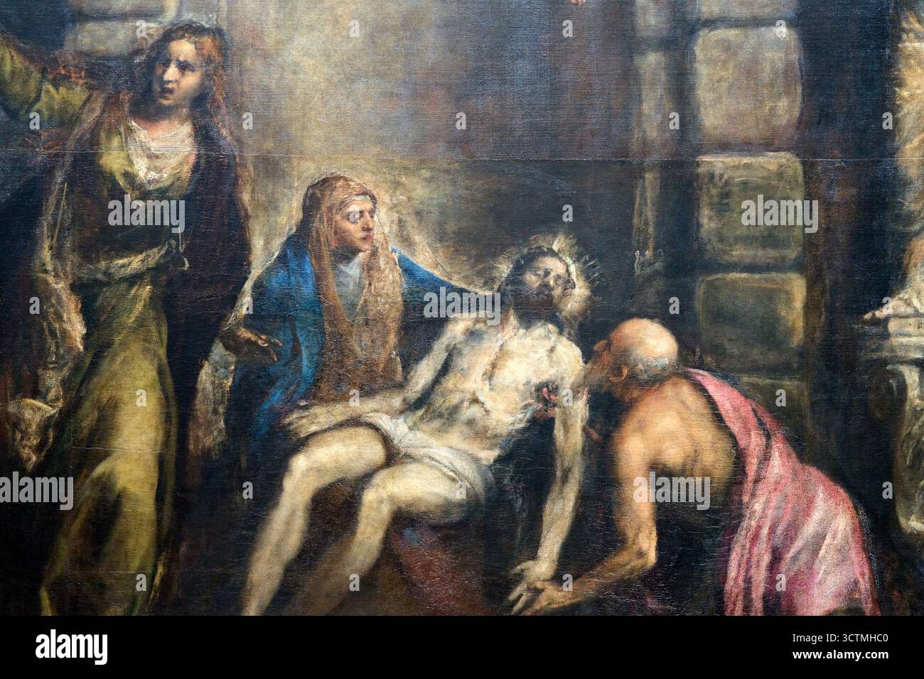 Nahaufnahme, TIZIANO VECELLIO (Pieve di Cadore, 1488/1490 circa - Venedig, 1576), Pietà, Frömmigkeit, 1575-1576, Gallerie dell'Accademia, Galleria dell'Accademia, Campo della Carita, Dorsoduro, Venedig, Venezia, Veneto, Italien. Stockfoto