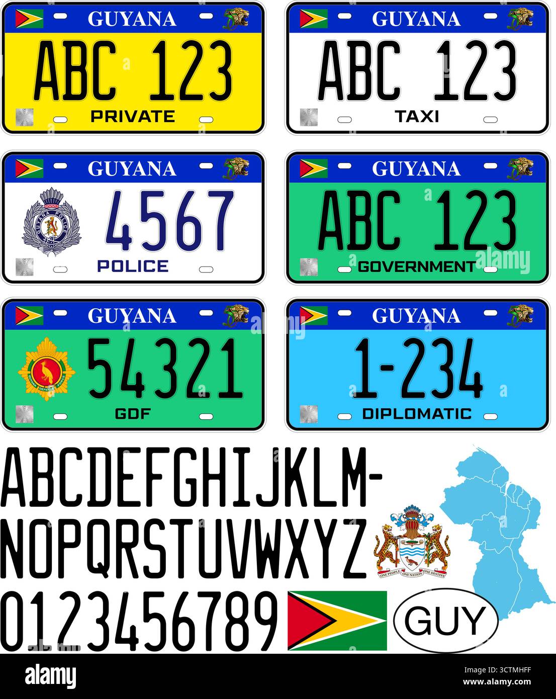 Guyana Autokennzeichen, Buchstaben, Zahlen und Symbole, Vektorillustration, südamerika Stock Vektor