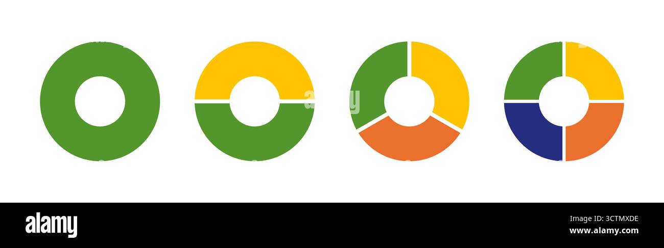 Infografik mit mehrfarbigen Diagrammen. Bunte Donut-Diagramme, Torten segmentiert auf 1 bis 4 gleiche Teile. Kreisschnittdiagramm. Die Räder sind in geteilt Stock Vektor