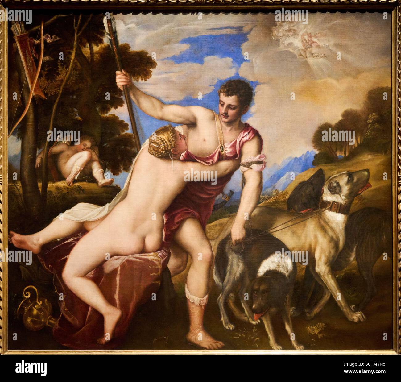 TIZIANO VECELLIO (Pieve di Cadore, 1488/1490 circa - Venedig, 1576), Venere e Adone, Venus und Adonis, 1530-1555, Corpi moderni Ausstellung 2025, Gallerie dell'Accademia, Galleria dell'Accademia, Venedig, Venedig, Veneto, Italien,. Stockfoto