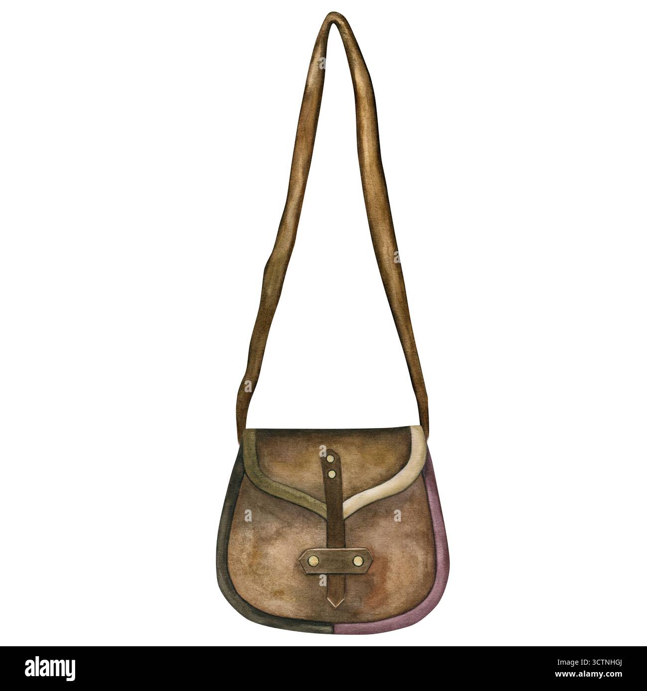 Hunters Lederreisetasche. Handgezeichnete Aquarellillustration. Isoliert auf weißem Hintergrund Stockfoto