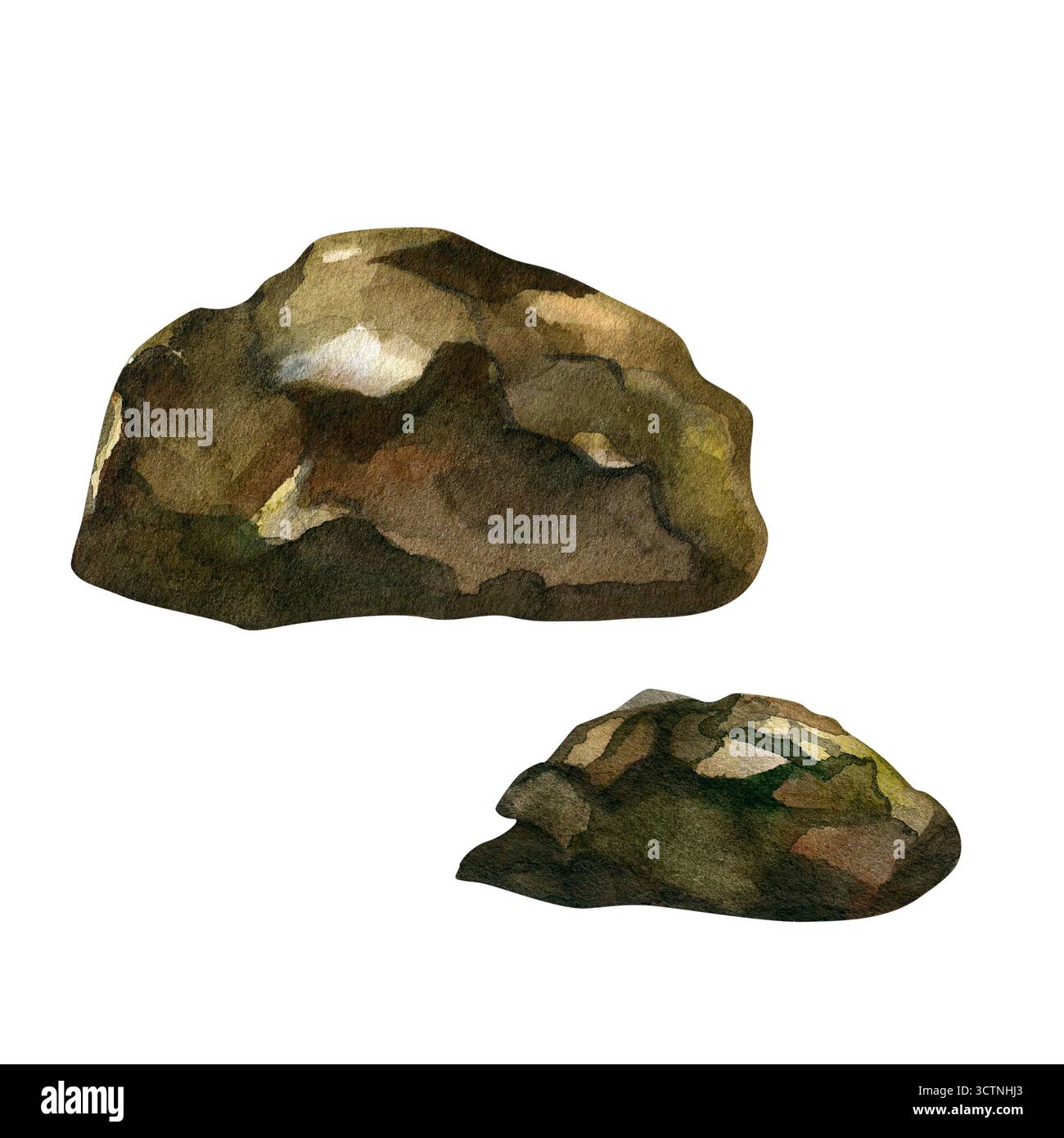 Aquarellillustration von Flusssteinen. Handgezeichnet, isoliert auf weißem Hintergrund Stockfoto