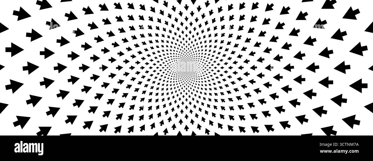 Optischer Illusionshintergrund mit Pfeil. Schwarz-weiße hypnotische rotierende Pfeile. Drehbares Poster mit Spiraldesign. Abstrakte Illusiontapete für Banner und Vorlagen. Vektorkraftfeld Konzept Stock Vektor