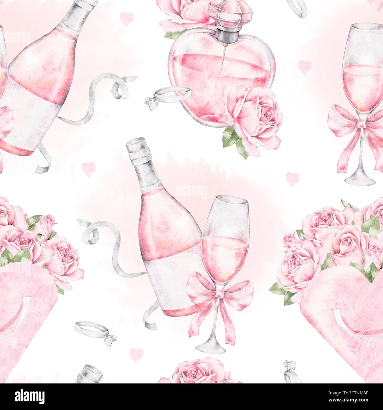 Nahtloses Aquarellmuster mit rosafarbenen Champagnerflaschen, Gläsern, Bändern, Rosensträußen und Herzen. Romantische Illustration für Valentinstag c Stockfoto