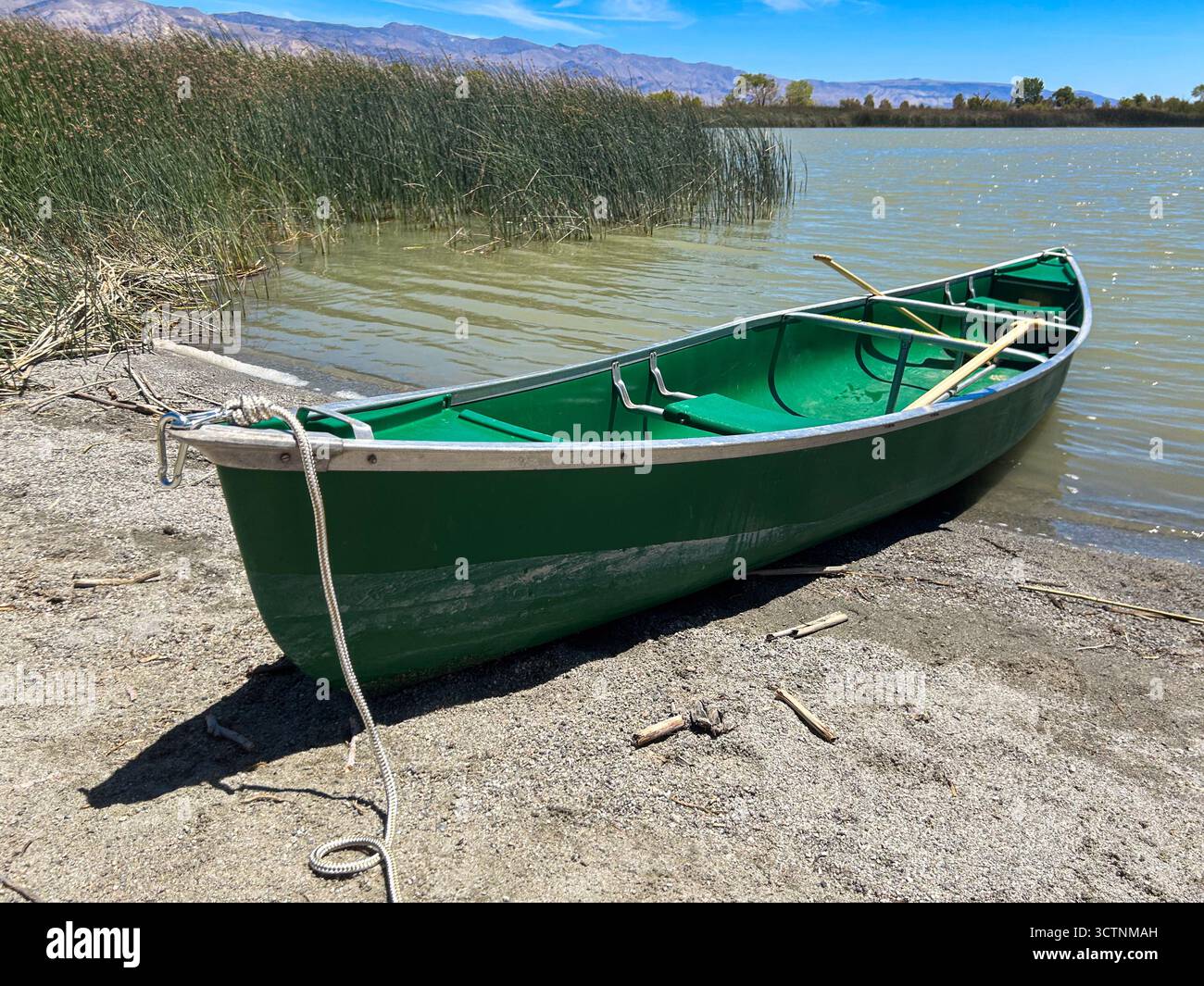Ein grünes Kanu ruht am Ufer eines Sees. Stockfoto