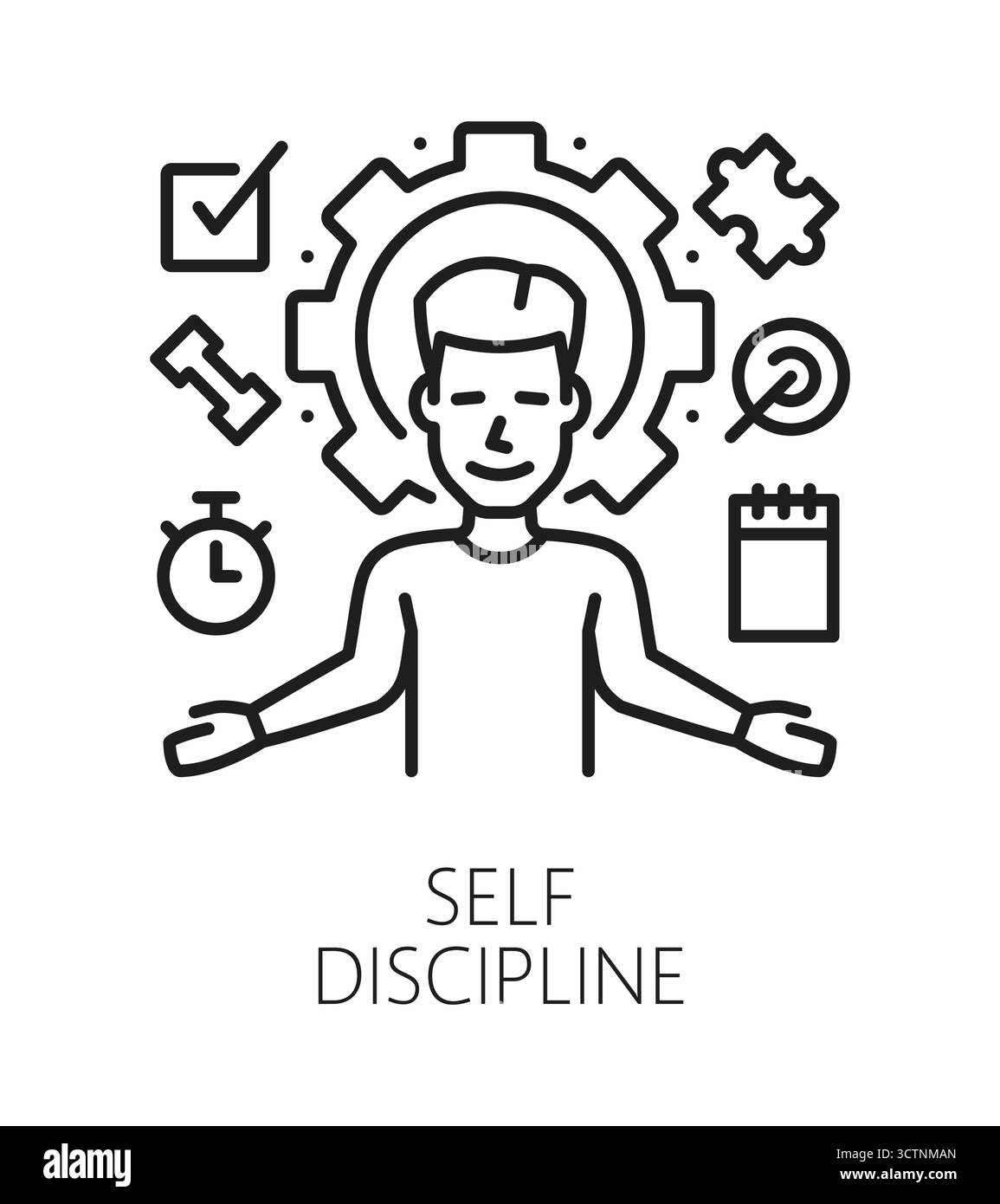 Symbol oder Emblem der Linie für die Selbstdisziplin der Lebensfähigkeiten. Menschliches Potenzialumrissvektorzeichen, lineares Piktogramm für Selbstdisziplin der Menschen. Persönlichkeit Life Skills Symbol mit Multitasking-Mann-Charakter Stock Vektor