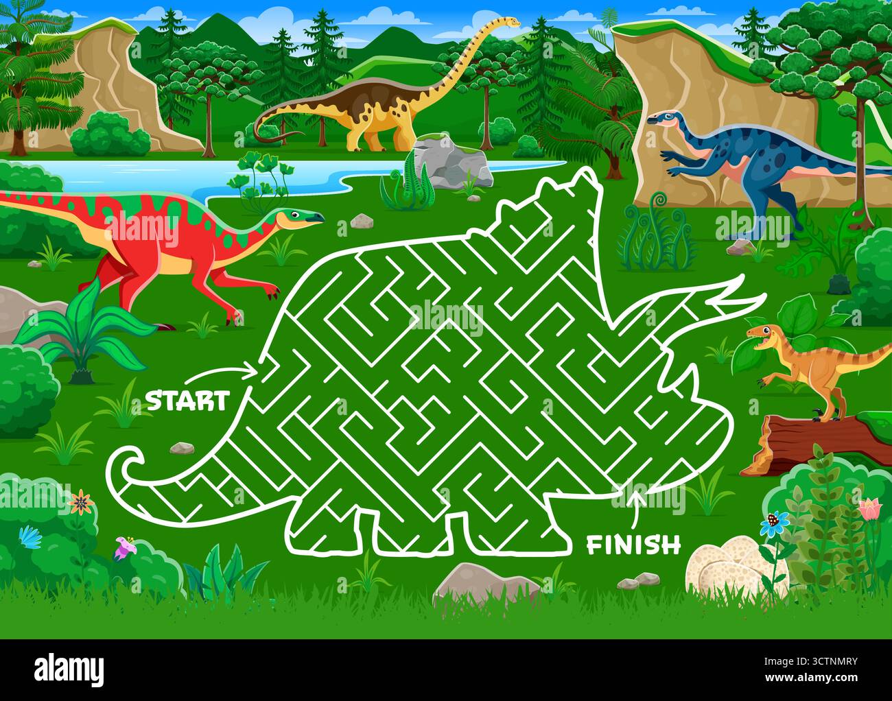 Labyrinth-Spiel für Kinder mit triceratops-Silhouette. Helfen Sie dem Dinosaurier, den Ausgang zu finden. Labyrinth-Labyrinth- oder Rätselvektor-Arbeitsblatt mit Hypselosaurus-, Aralosaurus-, Anatotitan- und Velociraptor-Dinosauriern Stock Vektor