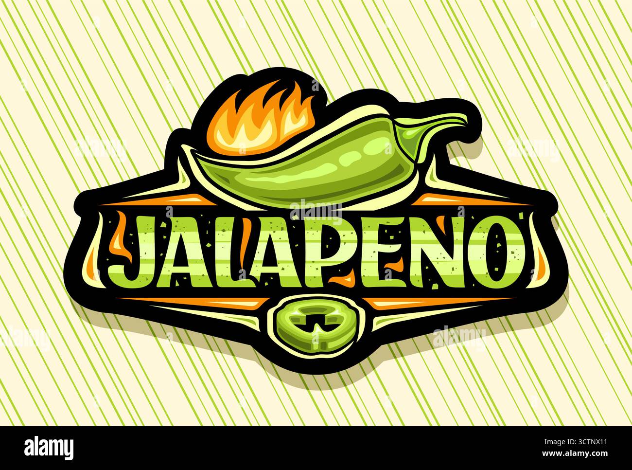 Vektor-Logo für Jalapeno, horizontales dekoratives Poster mit Zeichentrickdesign Kochen brennender Jalapeno Pfeffer, dunkler Aufkleber mit einzigartiger Pinselbeschriftung f Stock Vektor
