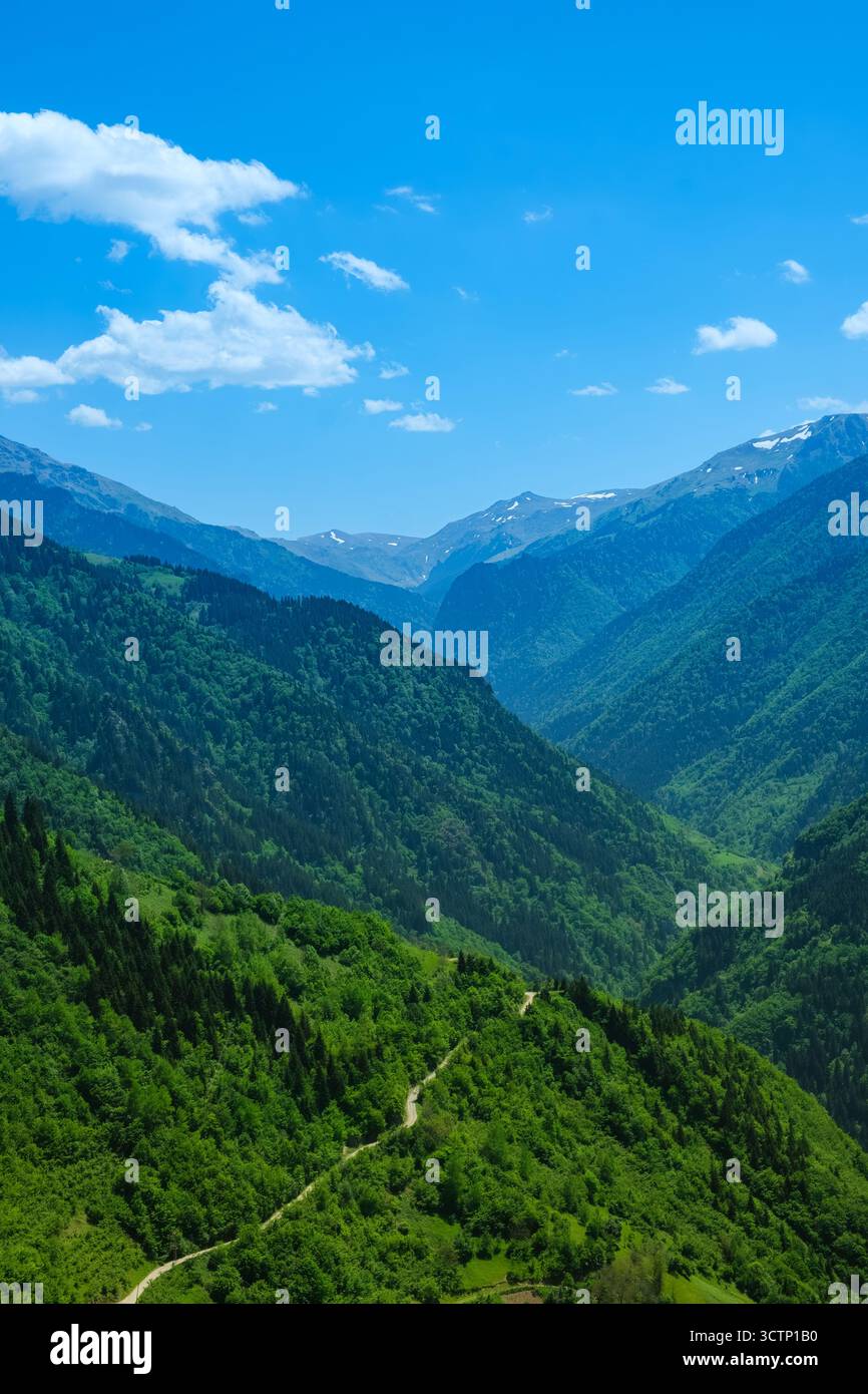 Ein atemberaubender Blick auf ein üppiges grünes Tal. Bewaldete Berge unter dem Himmel. Ein kurviger Weg führt durch die Landschaft. Perfekte Szene von natürlicher Schönheit Stockfoto