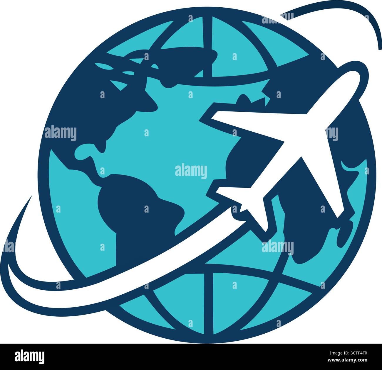 Das moderne Flugzeuglogo fliegt rund um den Globus, ein Symbol für Reisen und Transport für Fluggesellschaften, Tourismus, globale und internationale Themen Stock Vektor