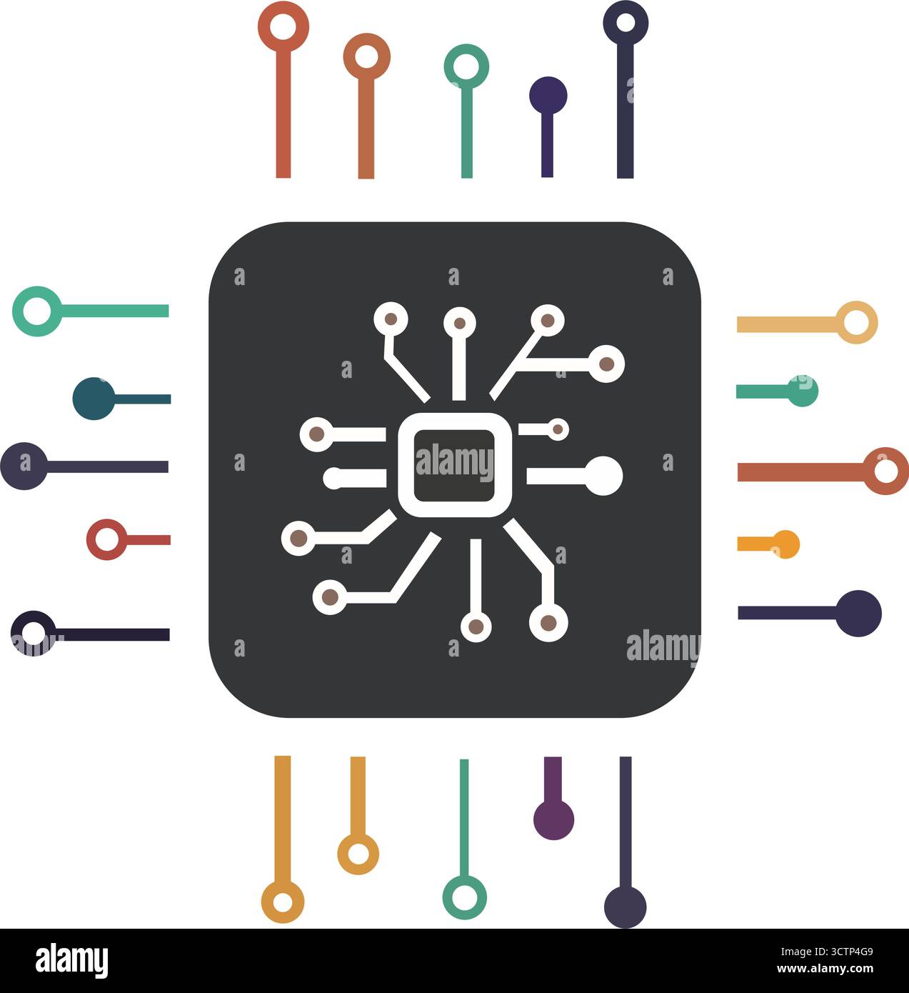 Microchip und Leiterplattenlogo, ein Vektorsymbol für Technologie, Daten, KI, Computing und elektronische Innovationen Stock Vektor